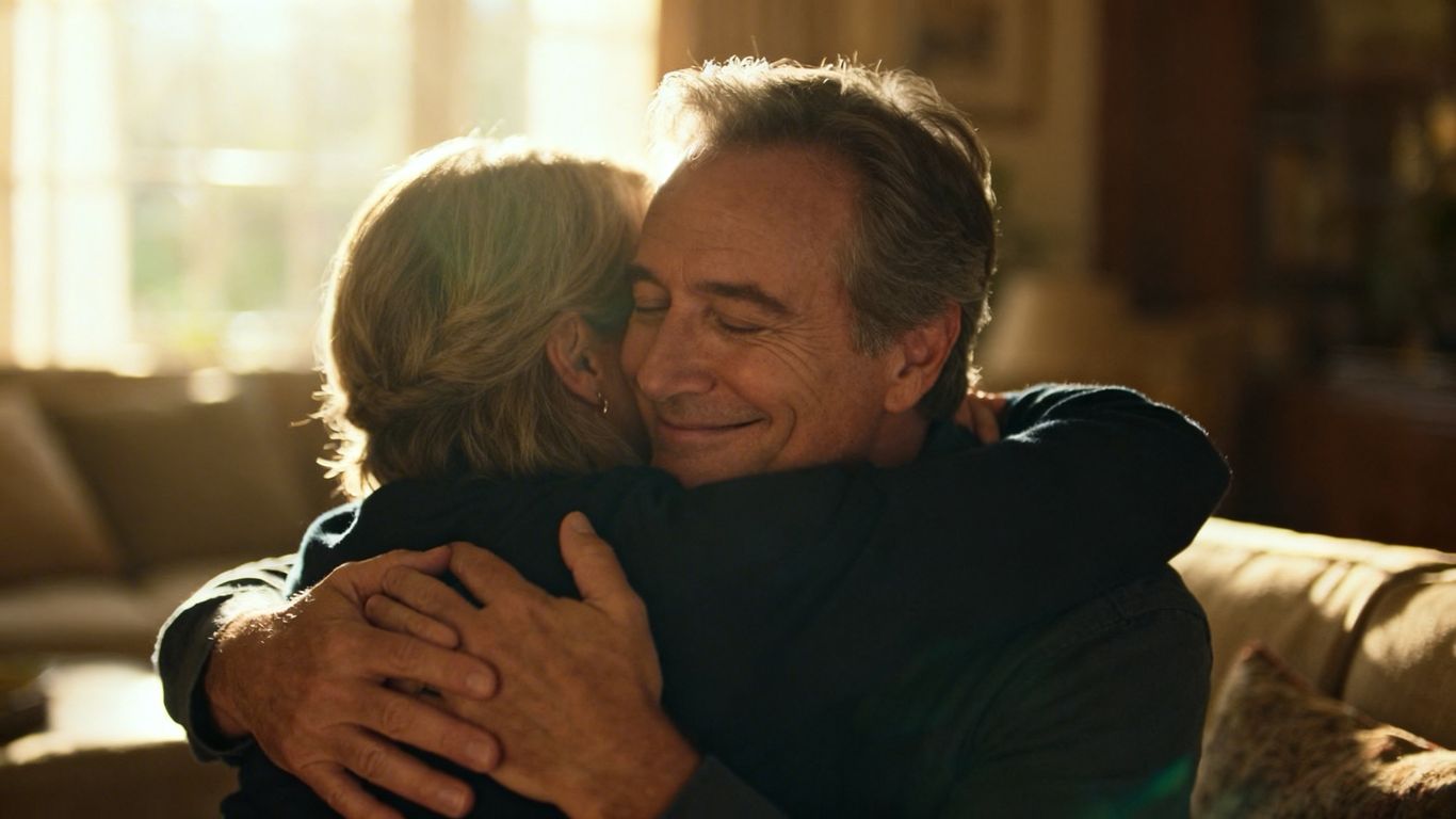 Couple embracing, rediscovering romance after life changes.