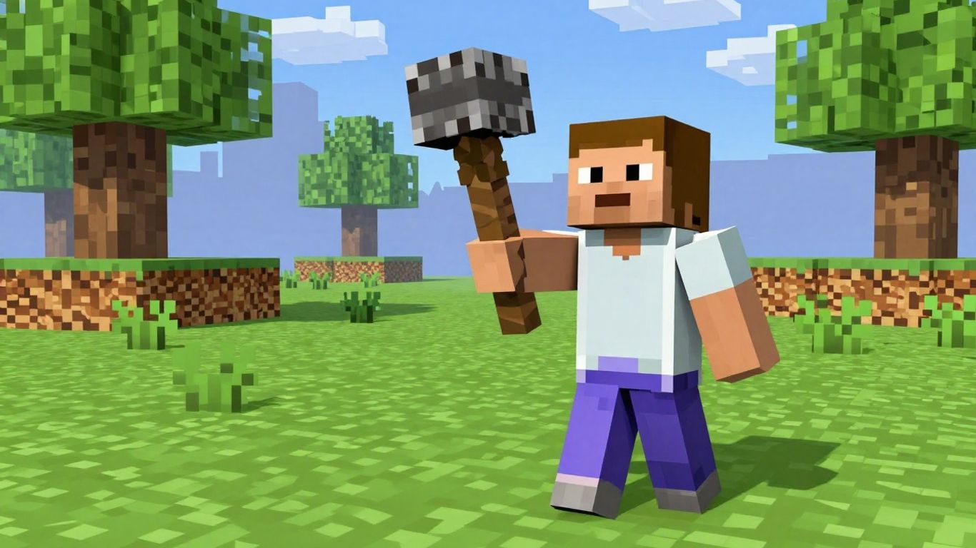 Paper Minecraft character with pickaxe in a blocky world.