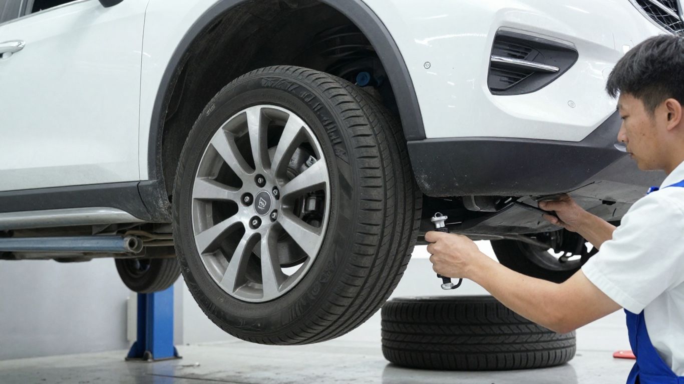 Front tire and suspension inspection in workshop
