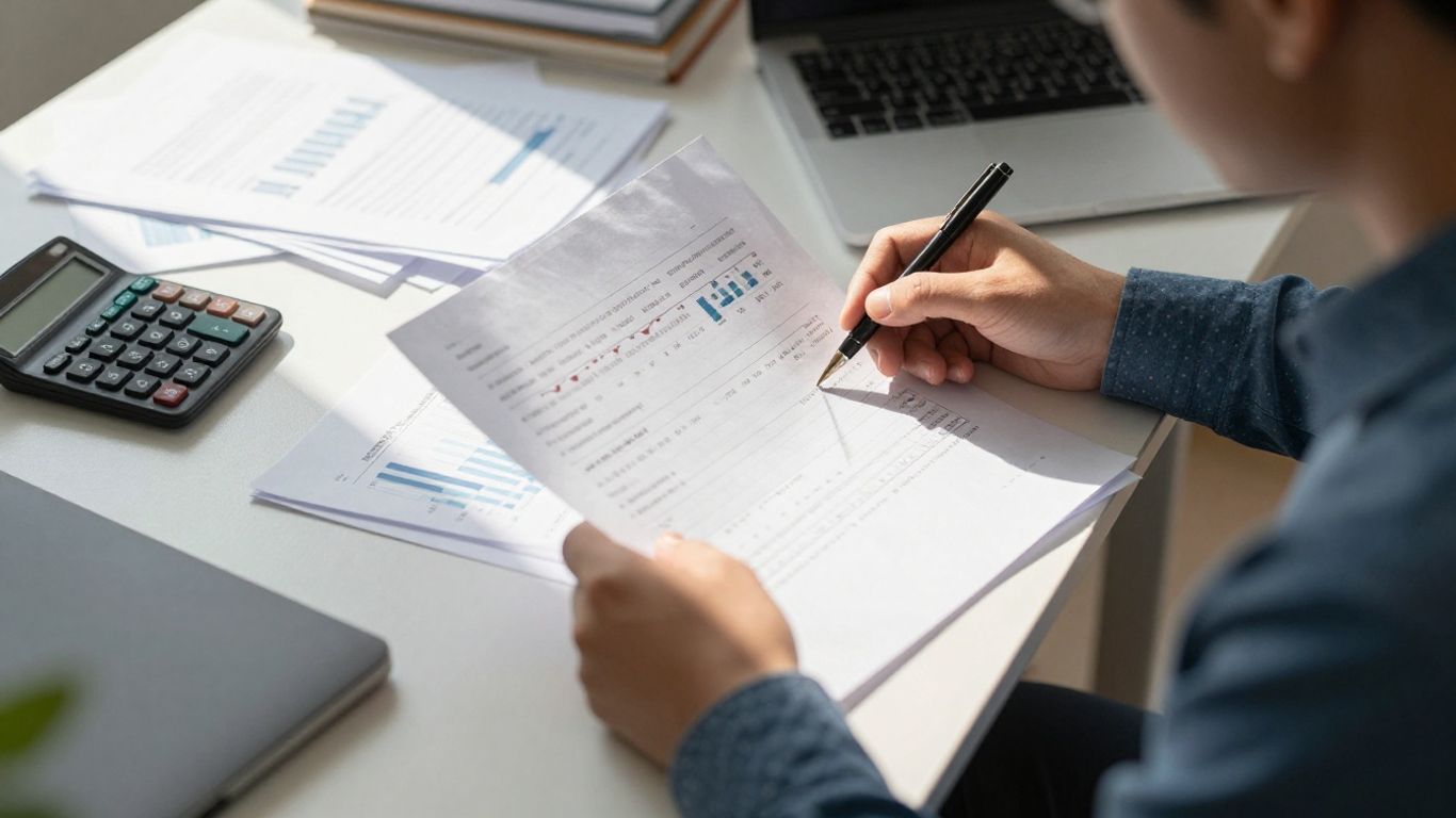 Persona revisando documentos financieros en un escritorio.