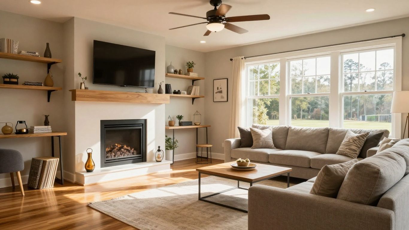 Remodeled basement living space with fireplace and seating.