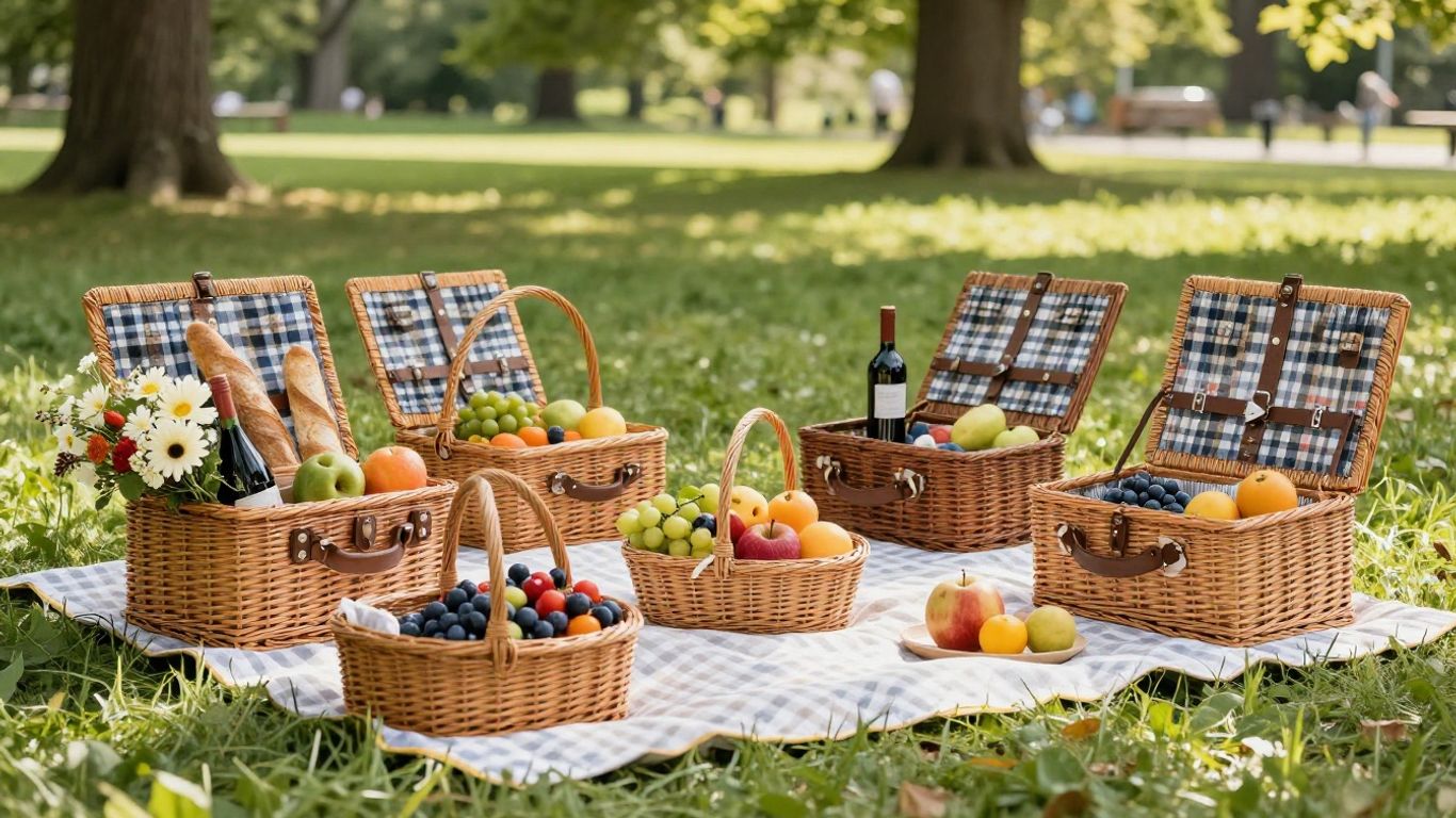 Photographic picnic baskets and hampers on a checkered blanket