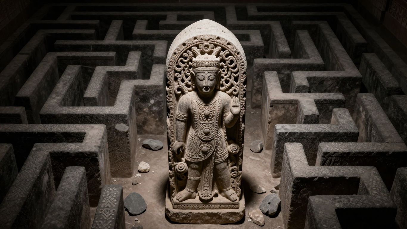 Central keystone in a maze with scattered stones.