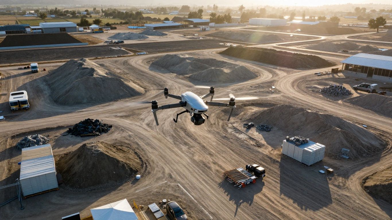 Drone measuring construction material stockpiles in California.