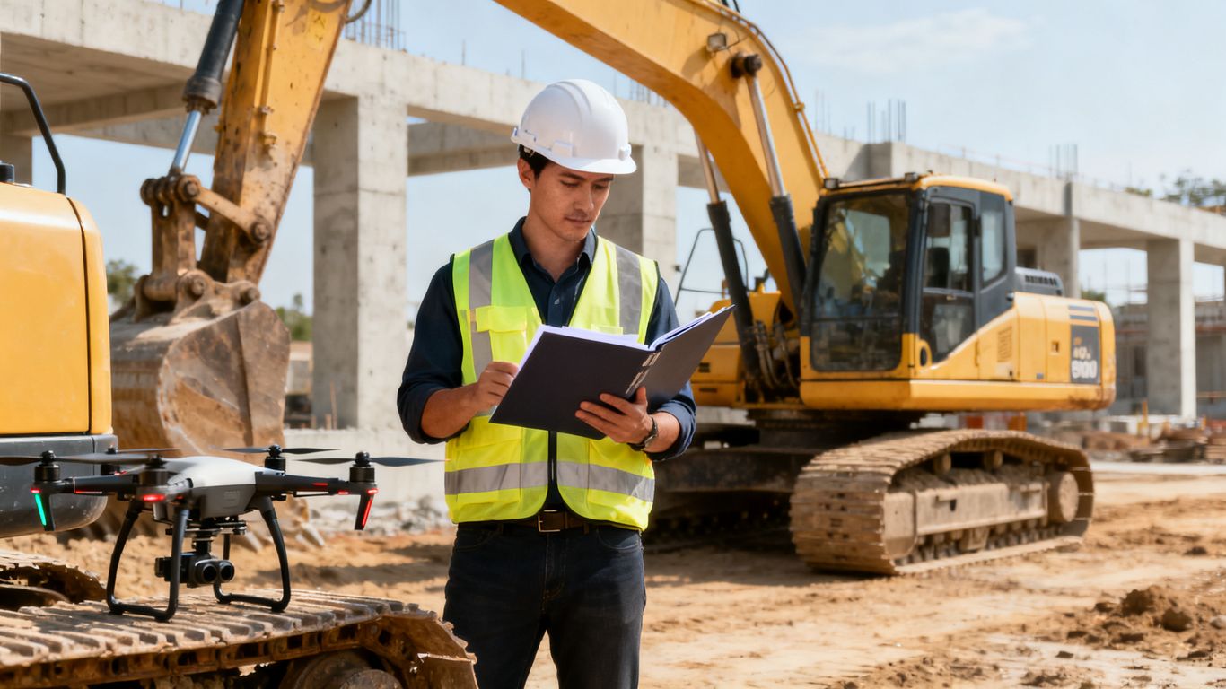Drone operator reviewing coverage beside construction equipment
