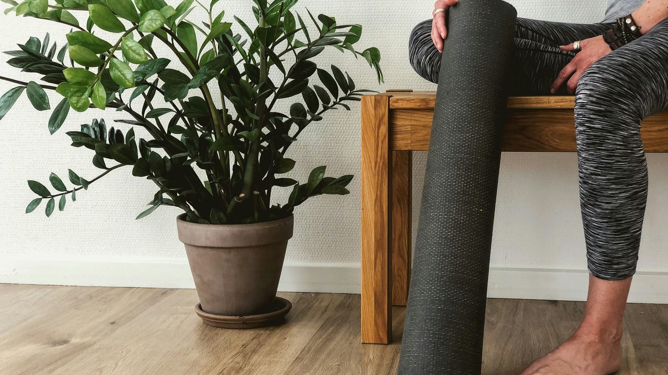 Yoga mat rolled beside natural light