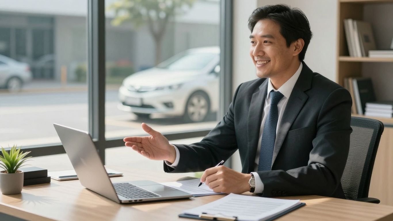 Insurance broker discussing car insurance policy options.