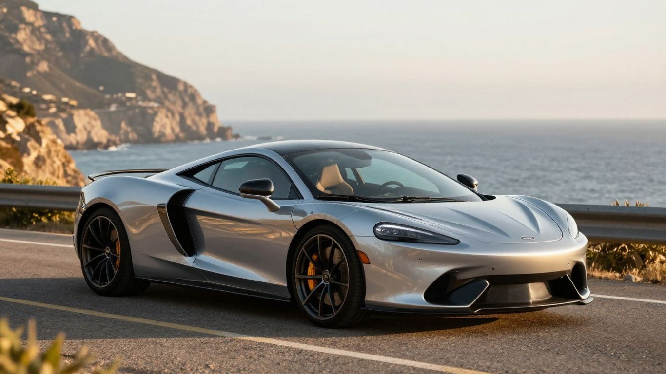 McLaren GT on a scenic coastal road.