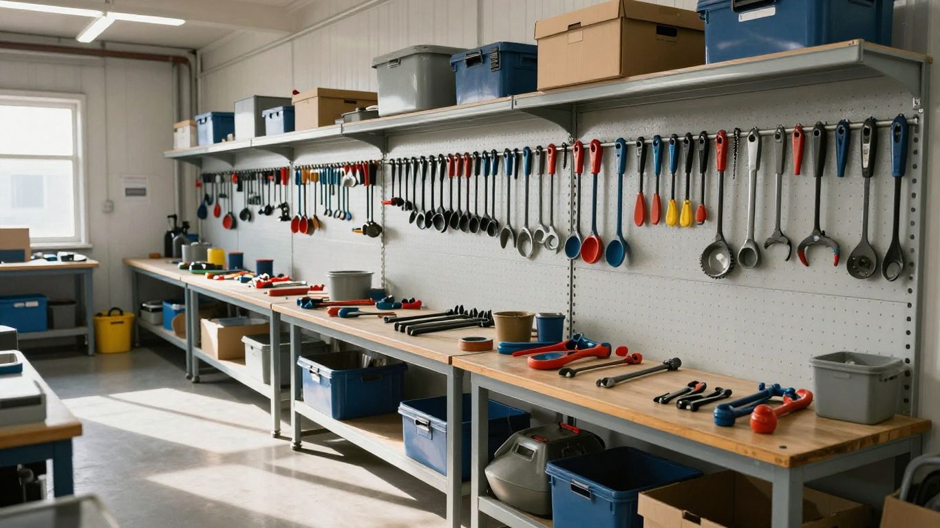 Organized factory workstation with tools neatly arranged.