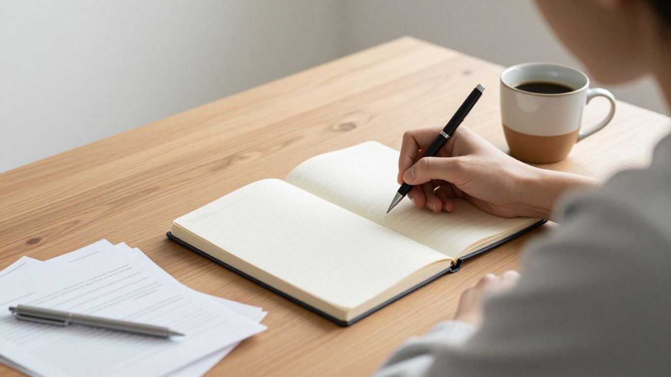 Person journaling beside a calm financial workspace