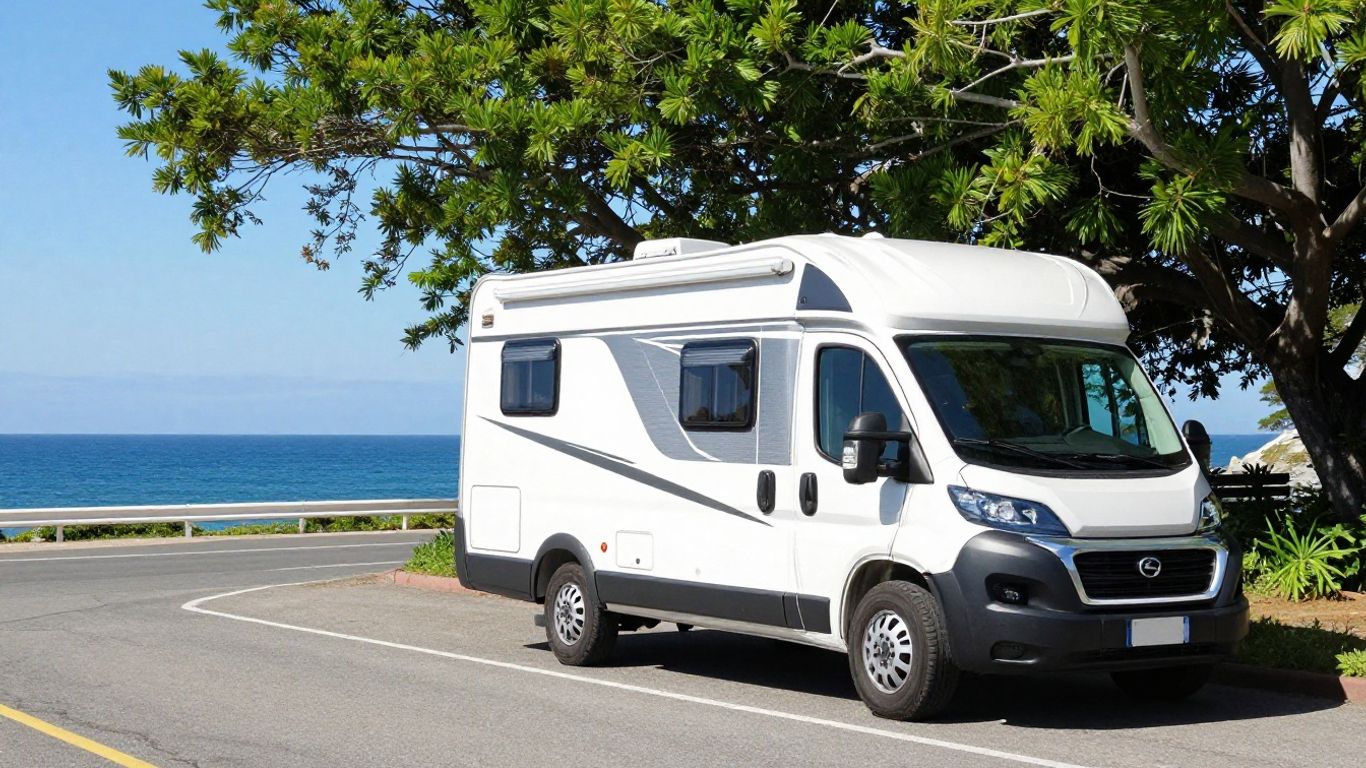Motorhome parked on scenic coastal road with ocean view.