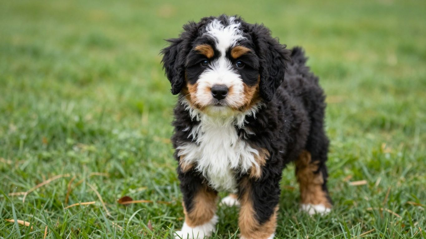 Fluffy Bernedoodle puppy sitting on green grass.