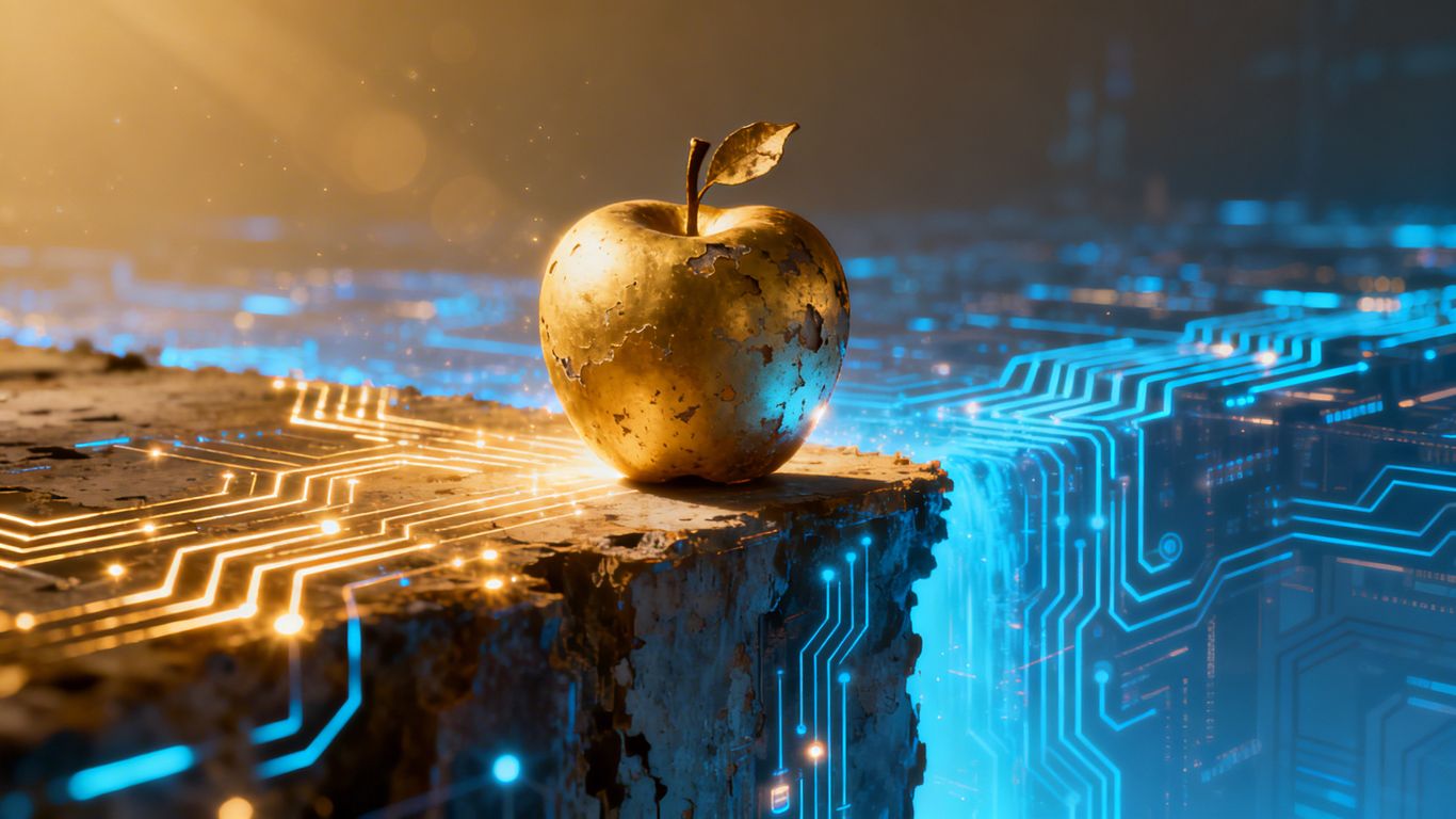 Golden apple silhouette on AI frontier.
