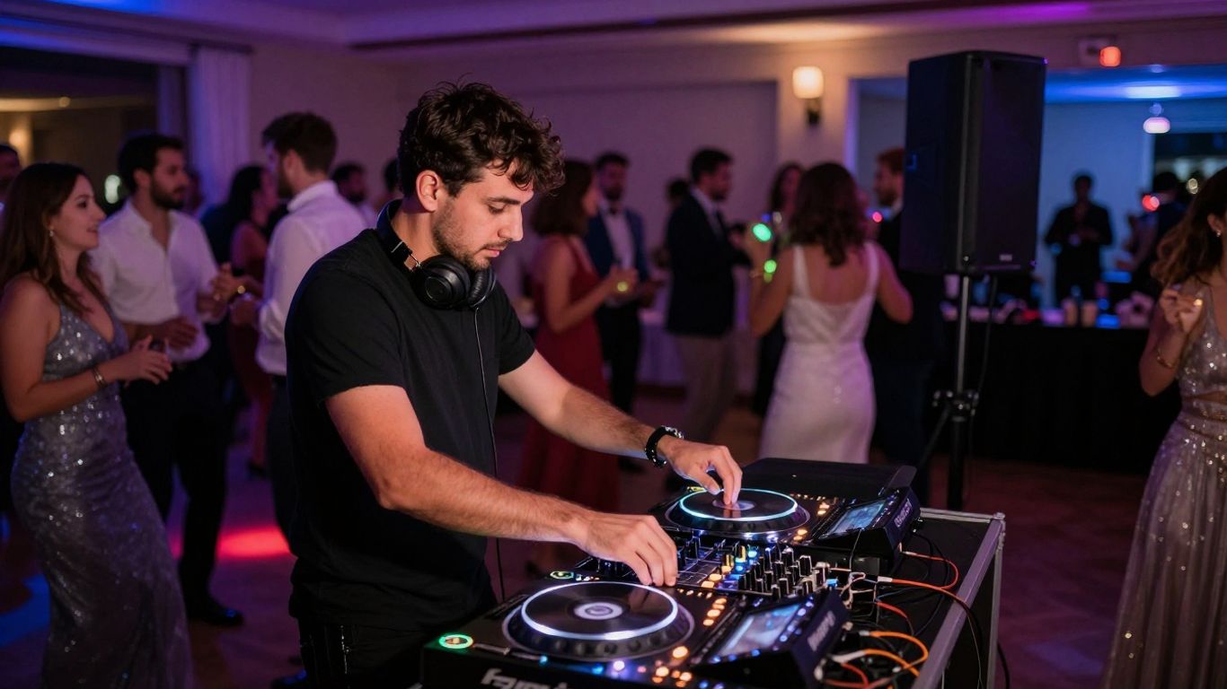 Wedding DJ playing music for dancing guests at a reception.
