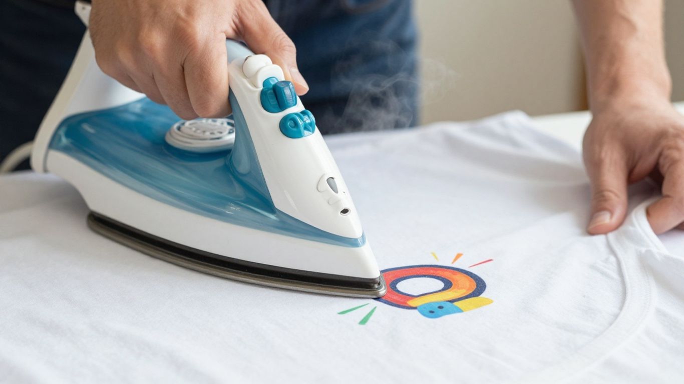 Hands ironing a design onto a t-shirt.