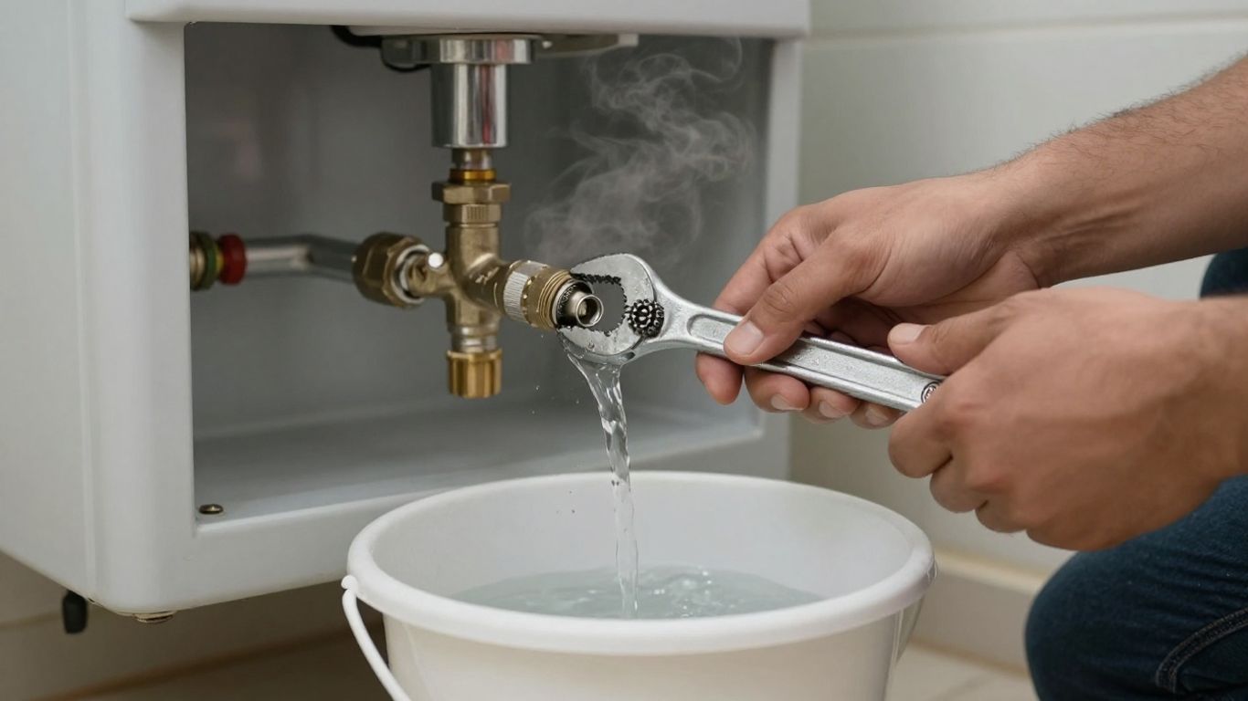 Hands flushing a water heater with a wrench and bucket.