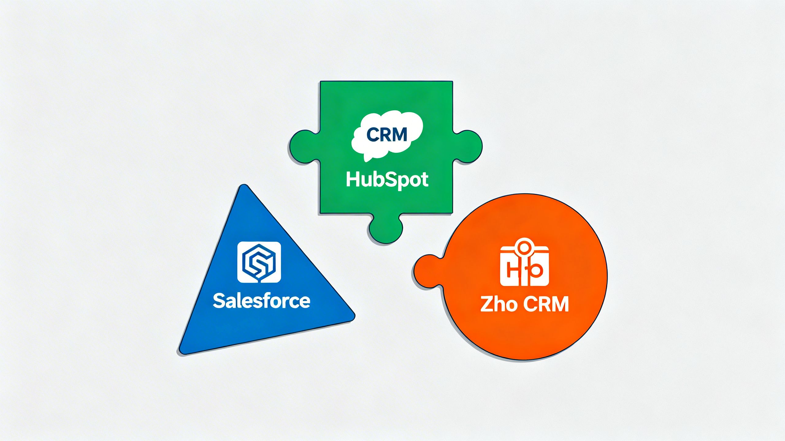 A conceptual illustration of three different puzzle pieces labeled with CRM icons, representing the choice between different software