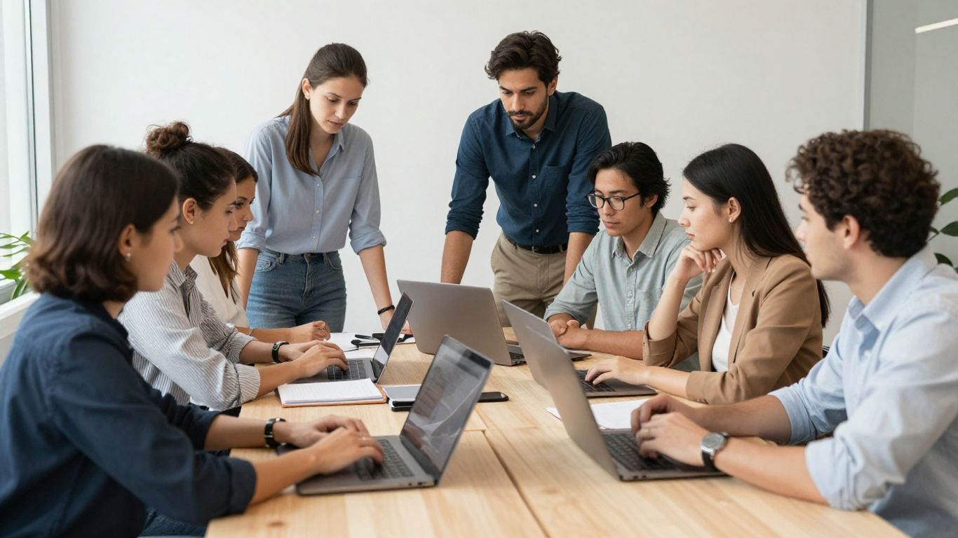 Small team collaborating around a table with laptops.