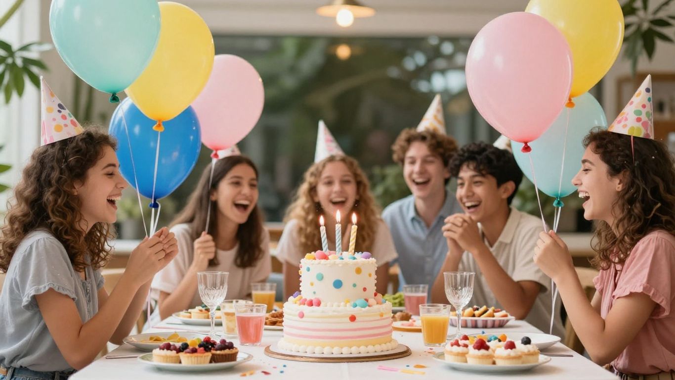 Birthday party with balloons, cake, and happy guests.
