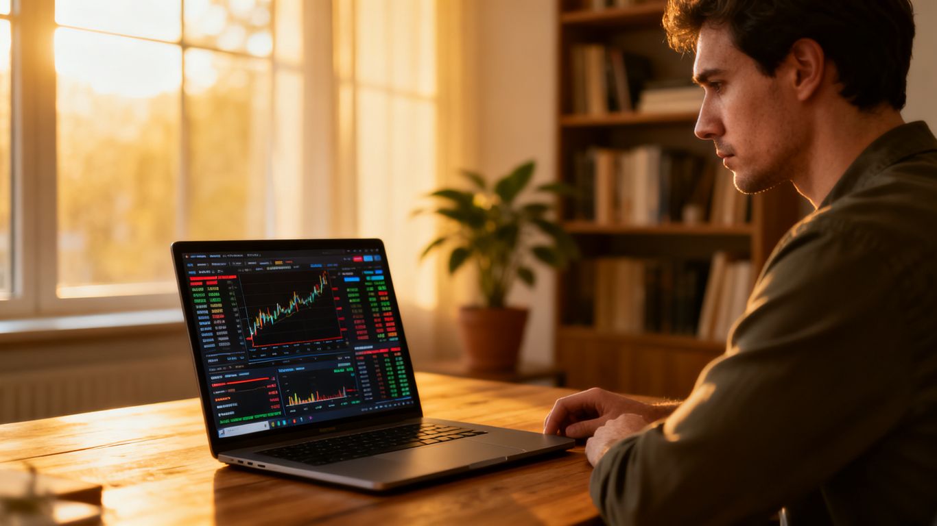 A person studying a computer trading monitor