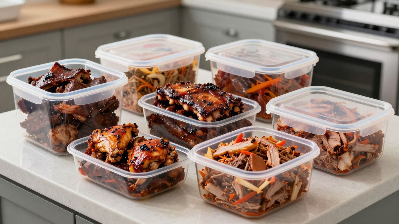 BBQ leftovers in clear food storage containers.