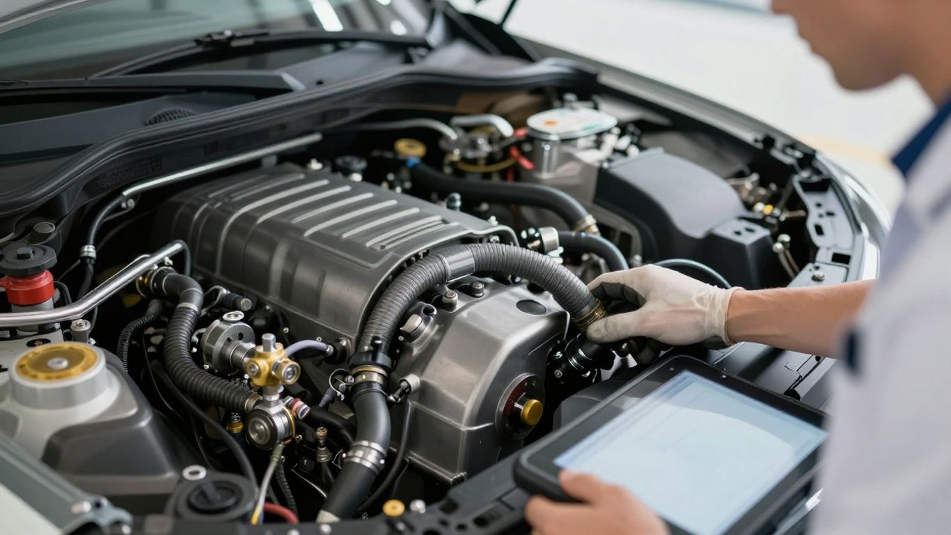 Engine inspection beside diagnostic equipment