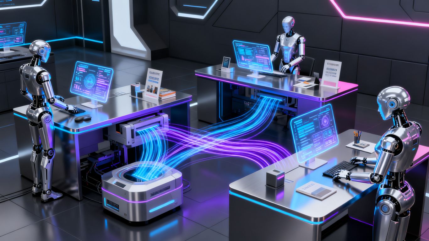 Futuristic office with robots and holograms managing marketing.