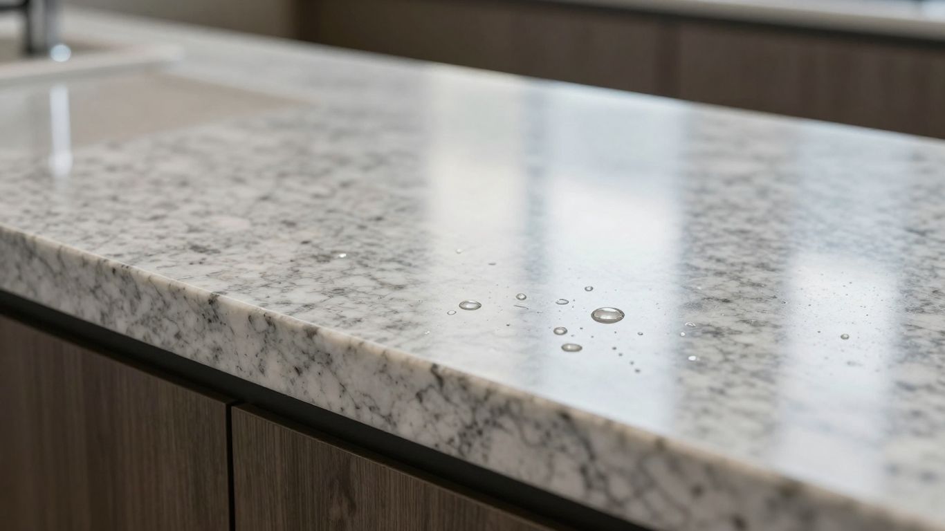 Clean, shiny quartzite countertop with water beads.