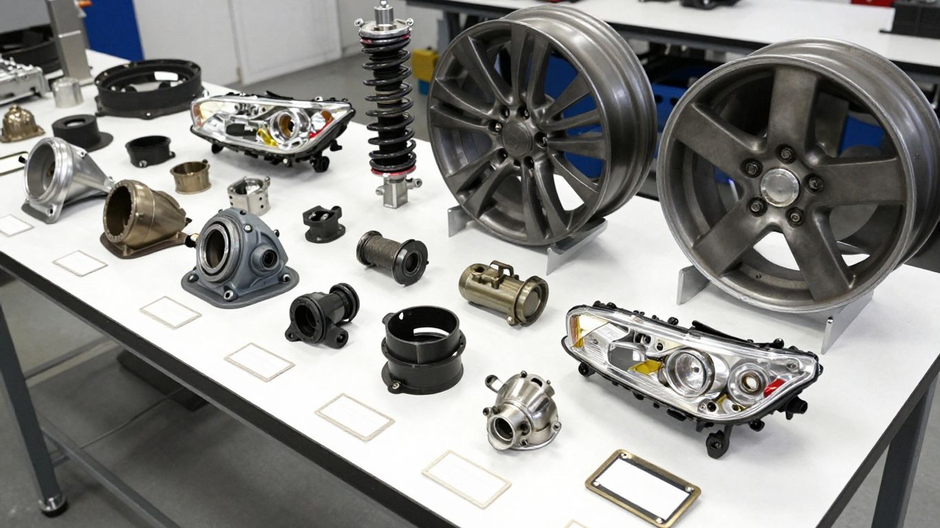 Genuine Nissan parts arranged in workshop