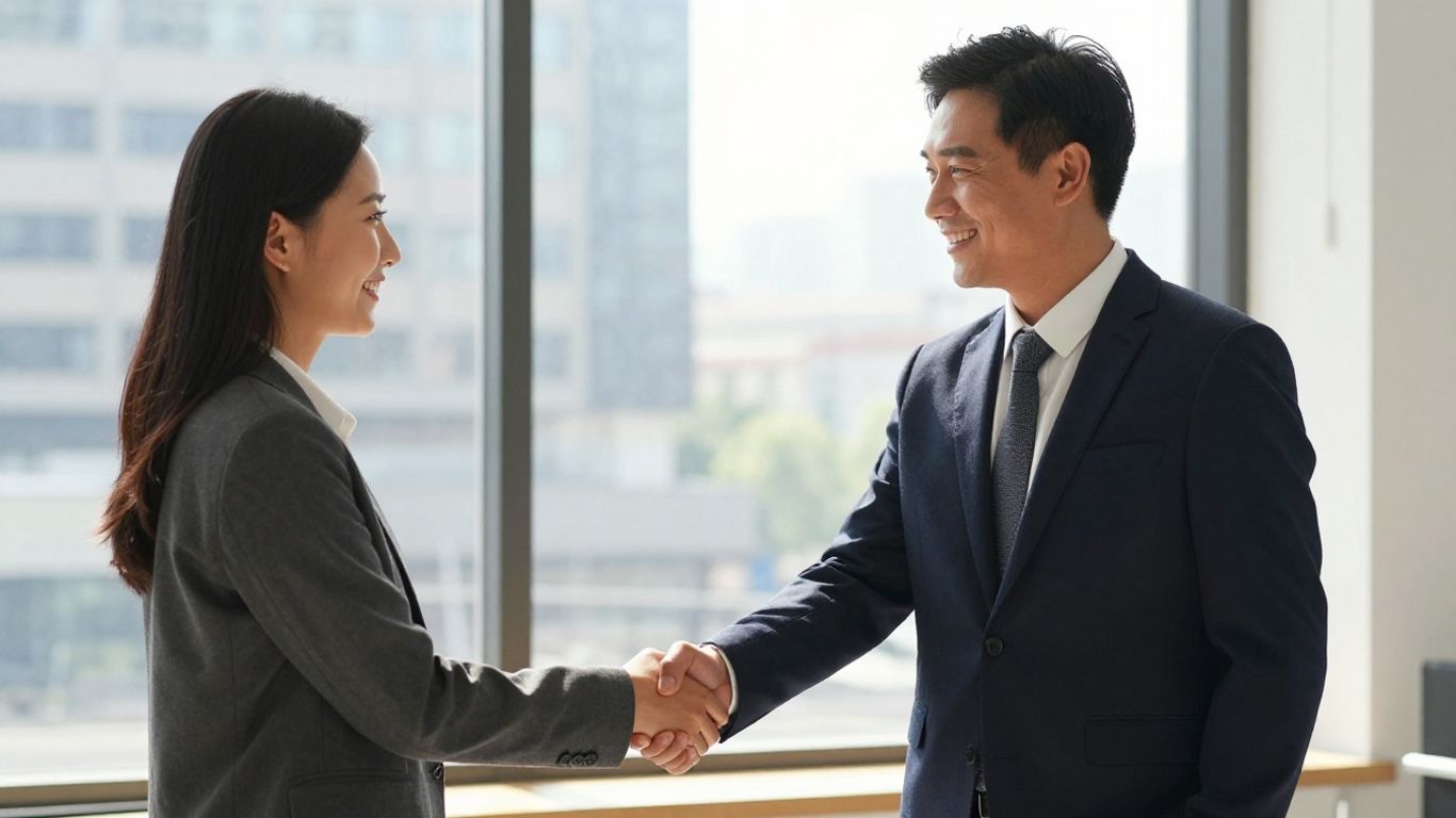Business owner and lender shaking hands, symbolizing a successful loan agreement.