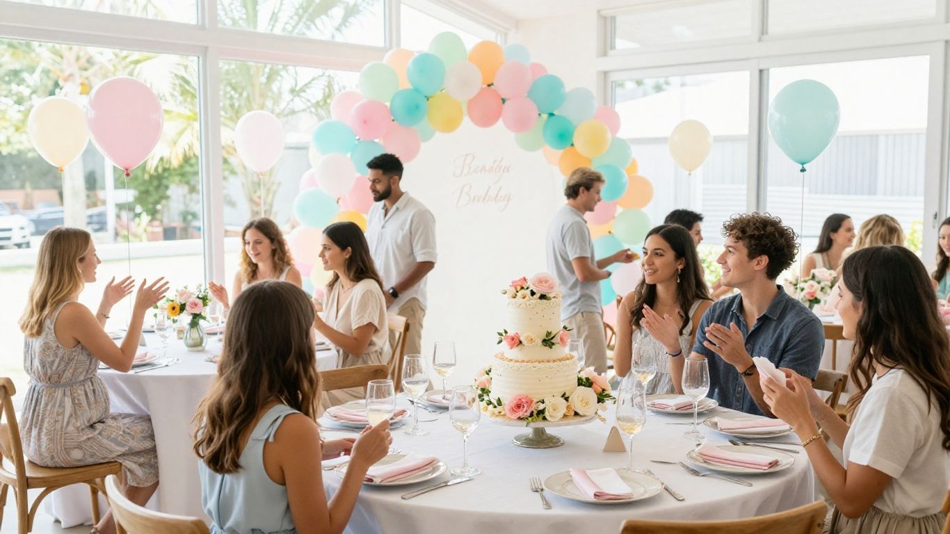 Elegant baby shower venue with balloons and cake.