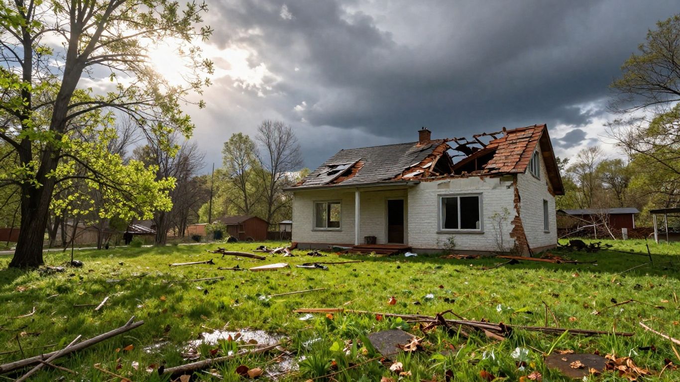 Spring storm damage restoration scene with sunlight and debris.