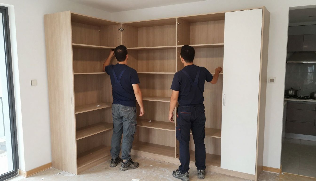 Two professional cabinet installers carefully fitting a large pantry unit into place in a kitchen under renovation.