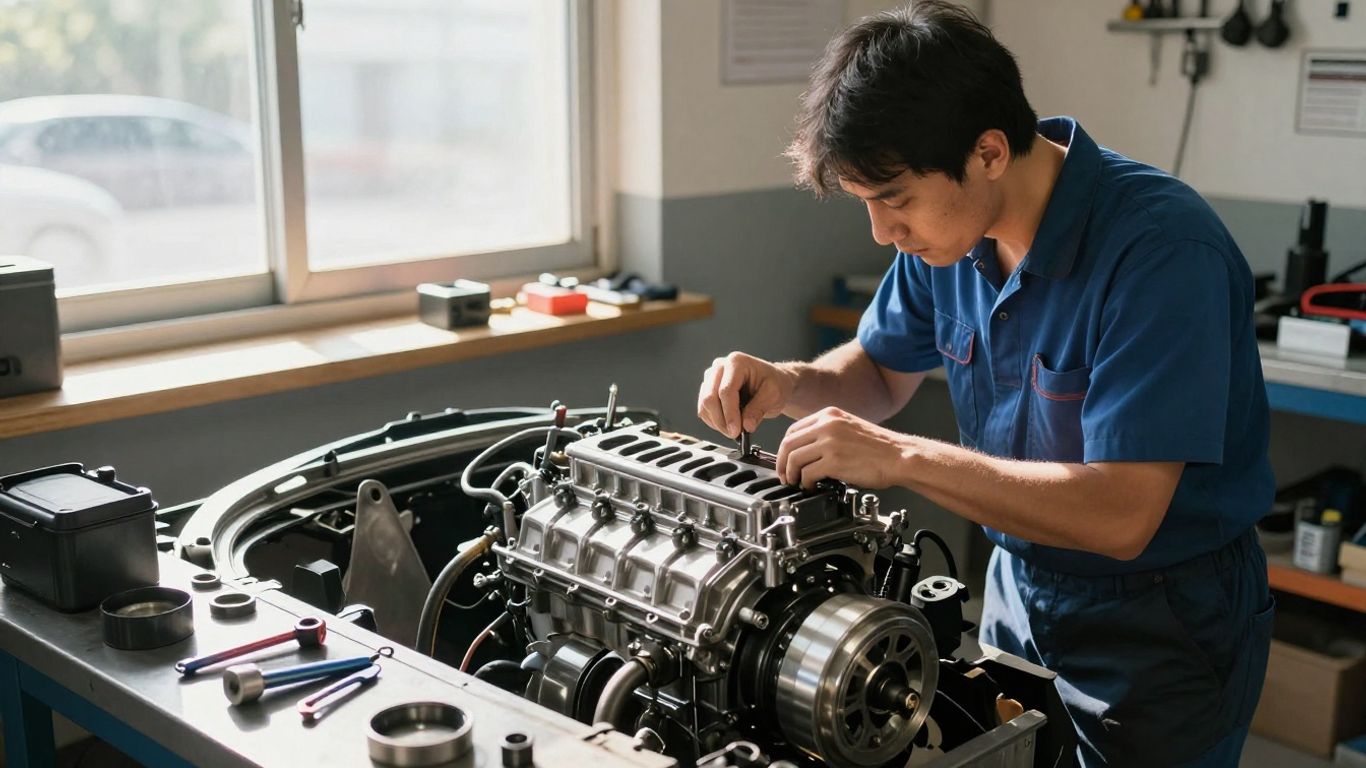Mechanic inspecting a car engine in a workshop.