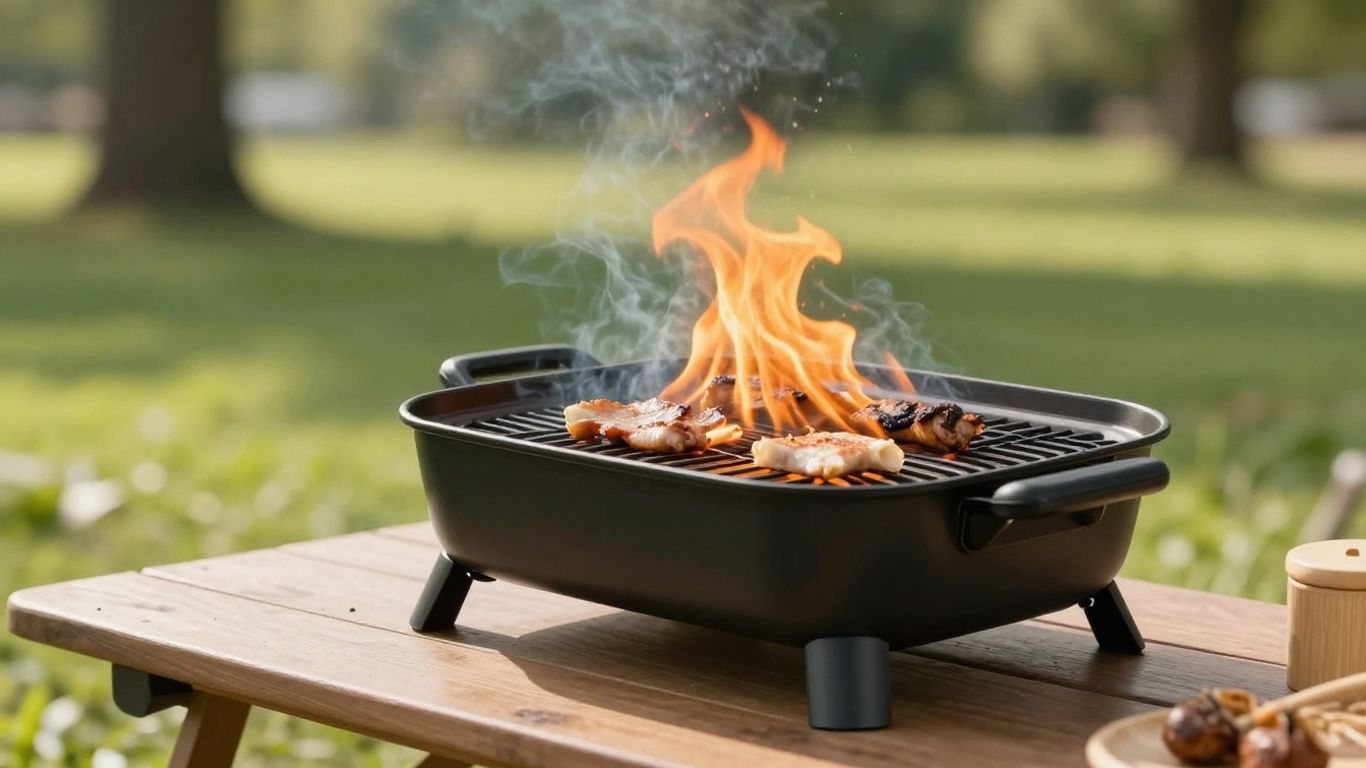 Portable grill cooking food outdoors