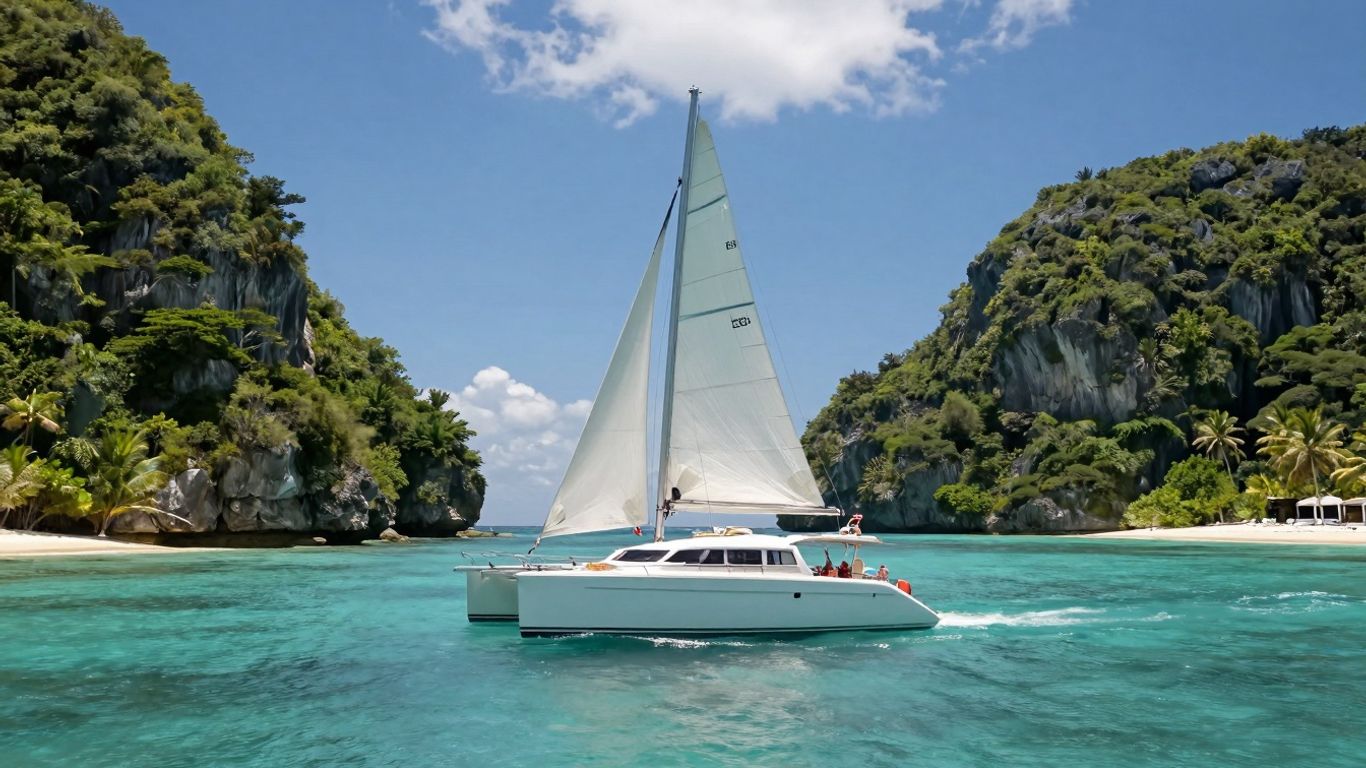Catamaran sailing on turquoise Bahamian waters near islands.