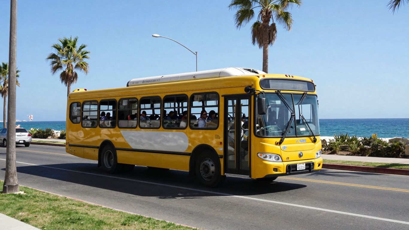 Cabo bus on a sunny coastal highway.