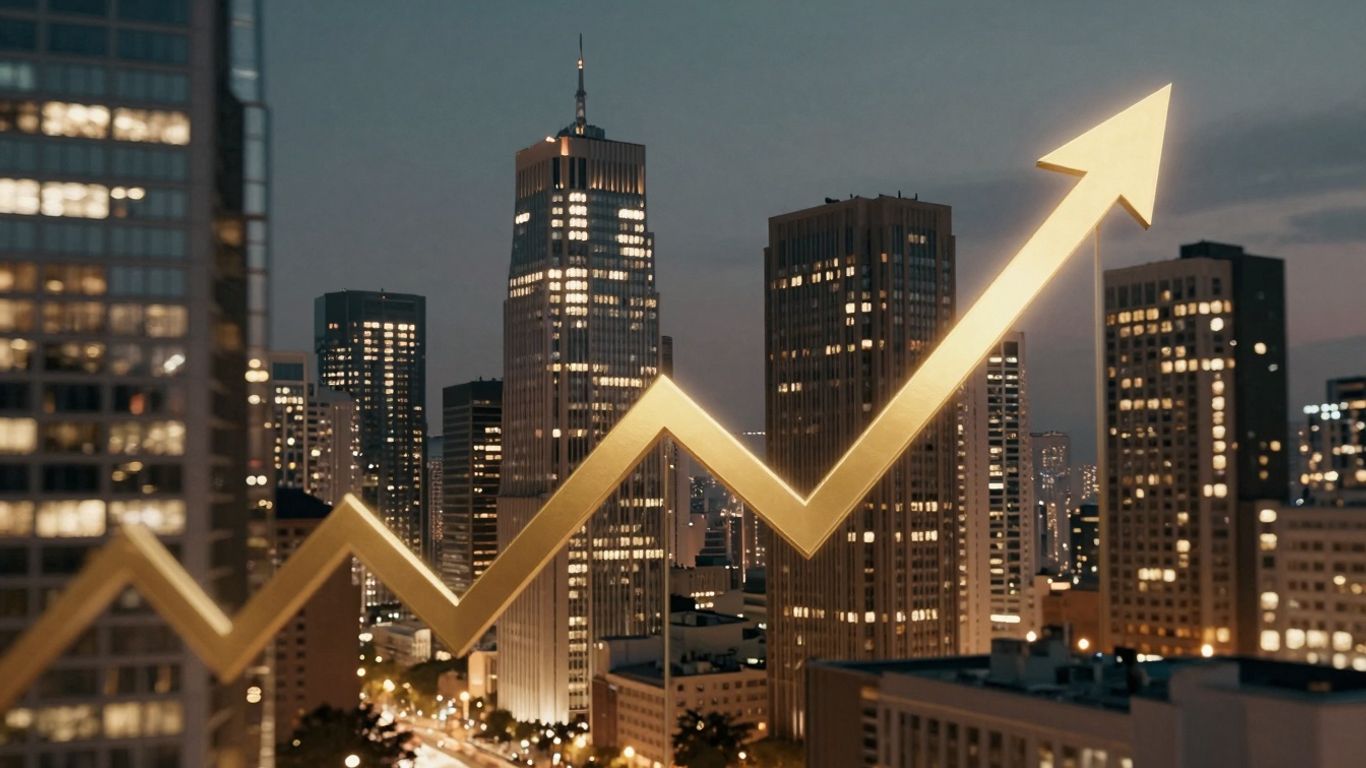 Investment banking cityscape with upward financial trend.