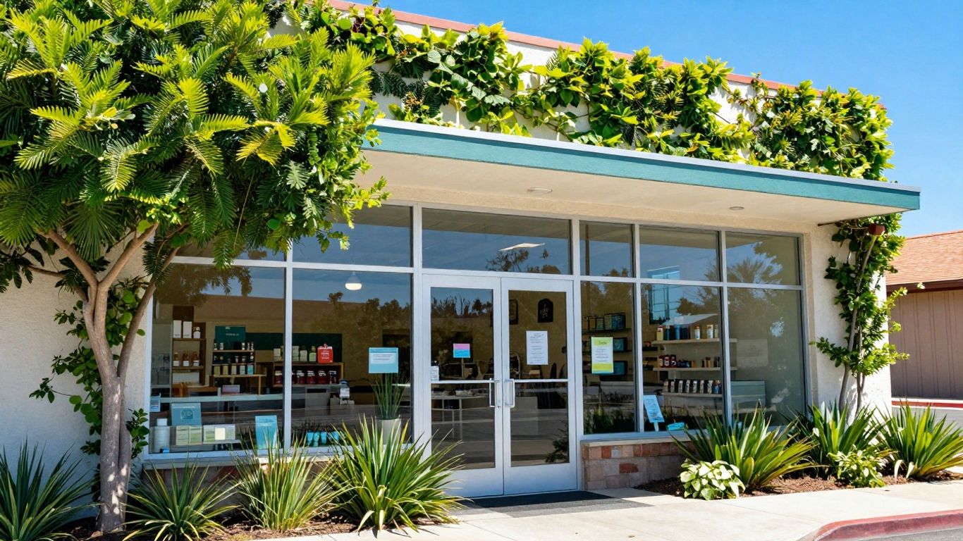 Modern dispensary exterior with green plants and blue sky.