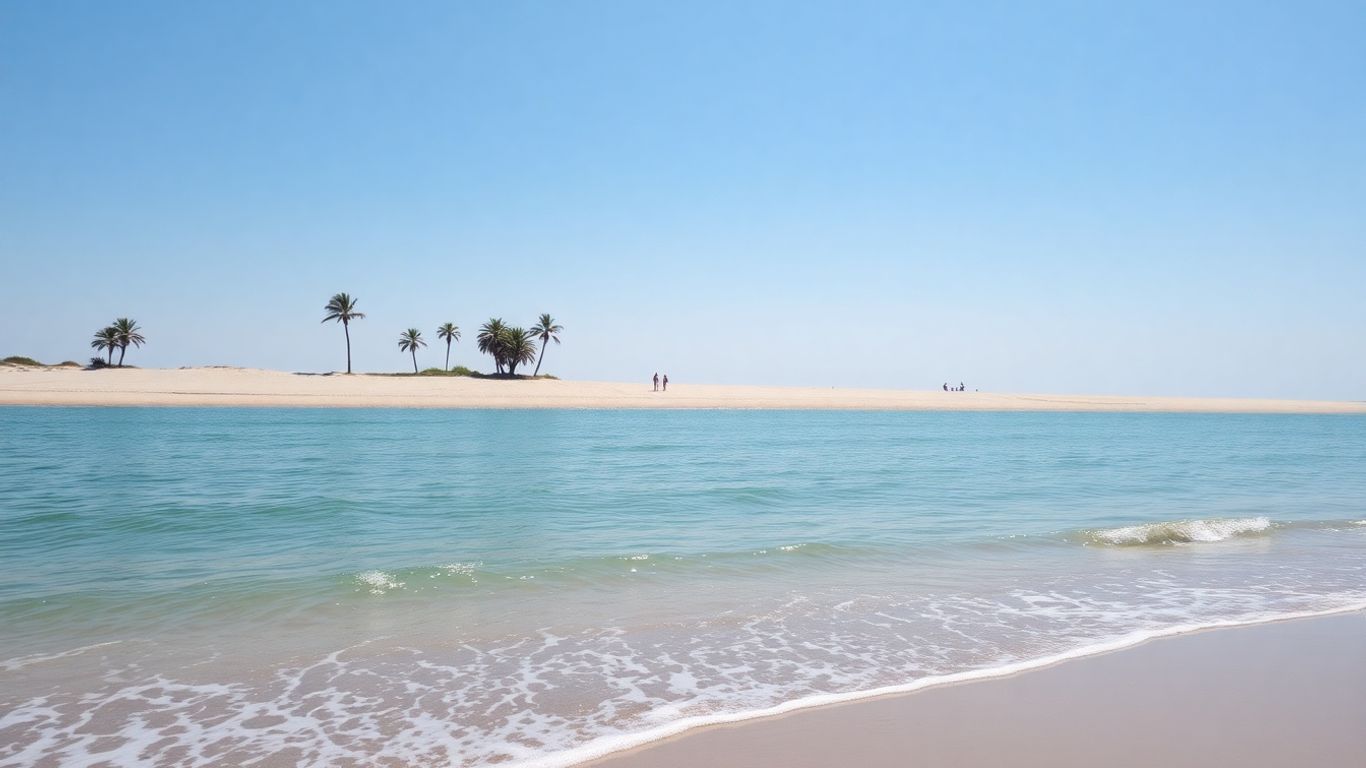 Spokojna plaża z turkusową wodą i palmami.