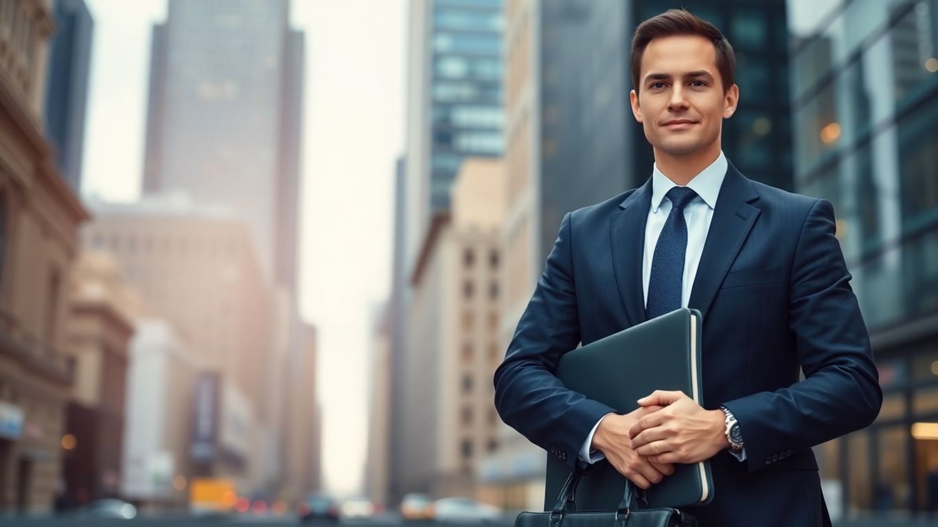 Banker with briefcase in front of city skyline.