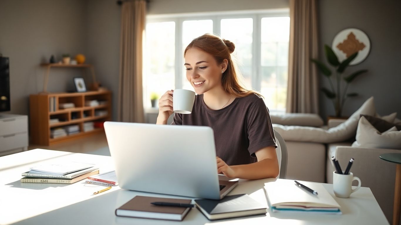 Australian woman working freelance at home with laptop
