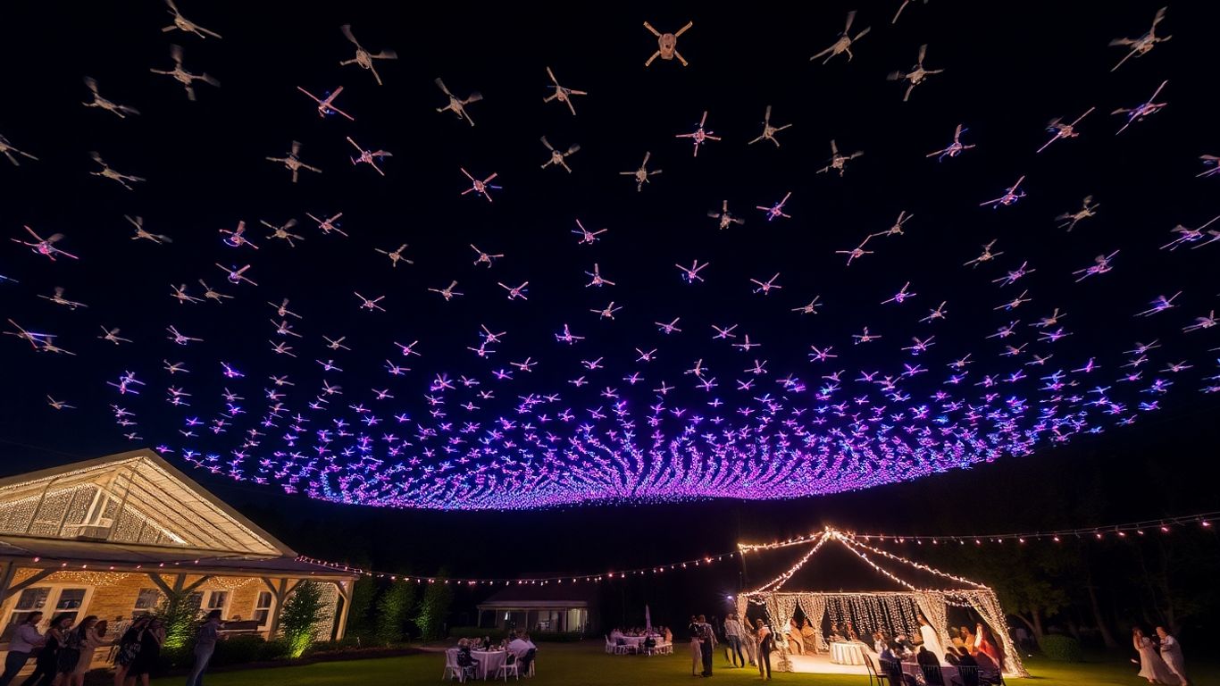 Wedding drone light show illuminating the night sky.