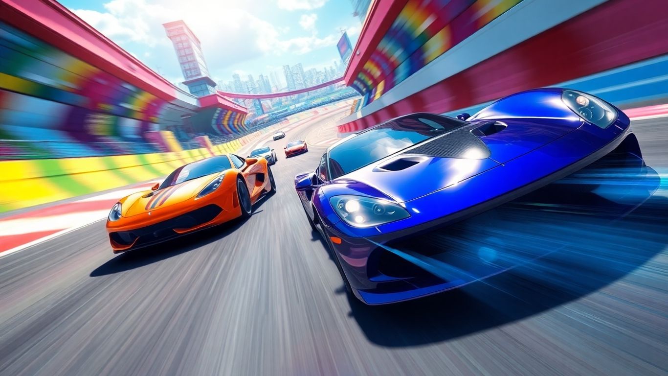 Sleek cars racing on a colorful, dynamic track.