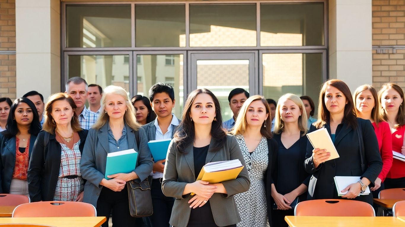 Teachers in front of a school, some looking concerned.