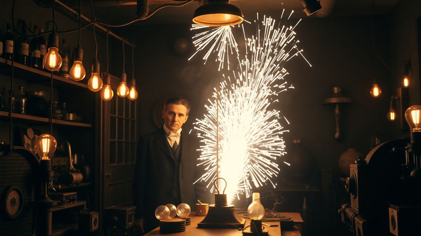 Nikola Tesla with glowing light bulbs.