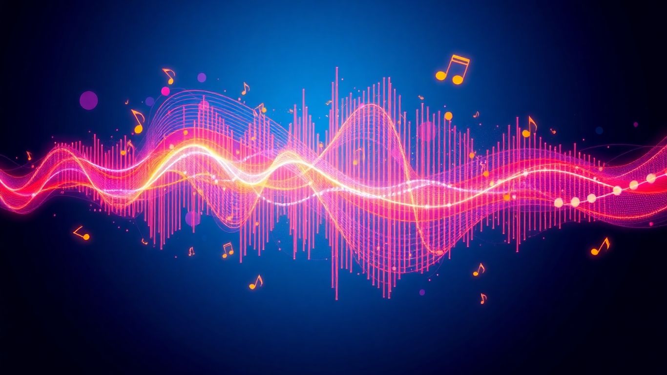Sound wave graphic with musical notes and abstract shapes.