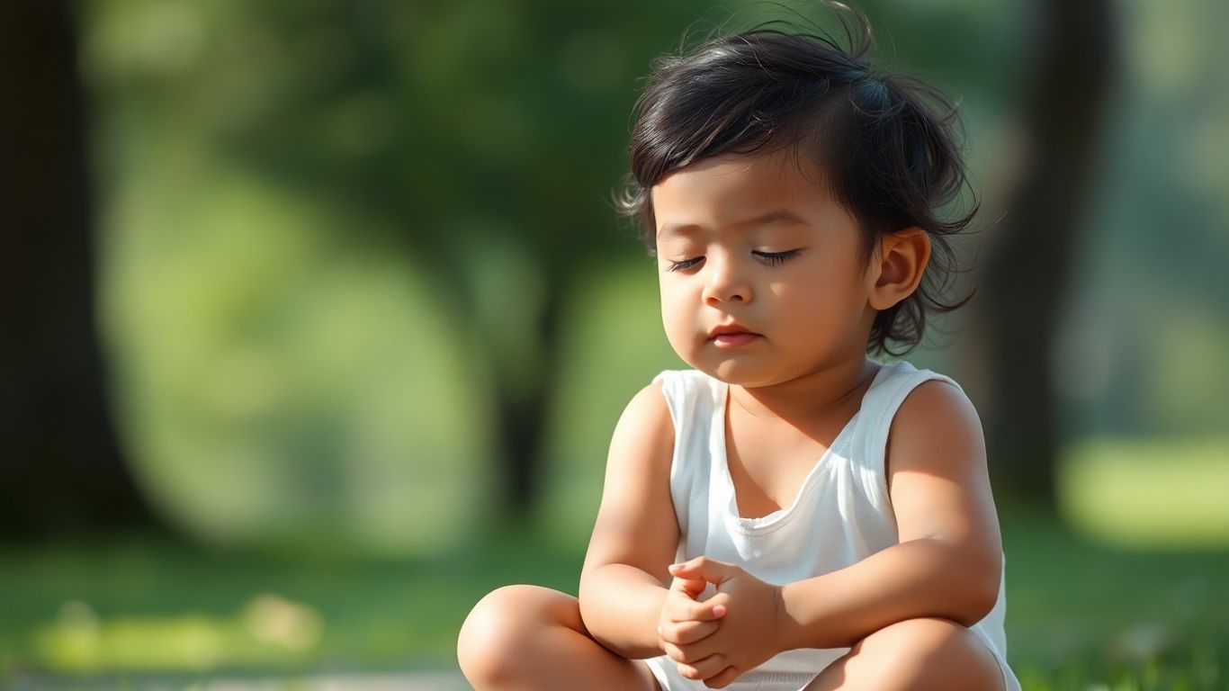 Copil meditează liniștit într-un cadru natural.