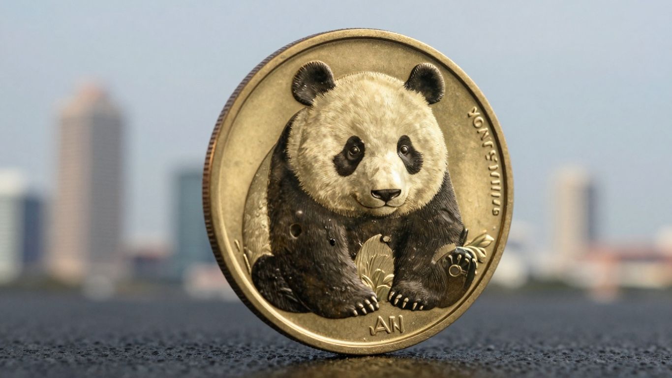 Gold Panda coin with Tampa skyline background.