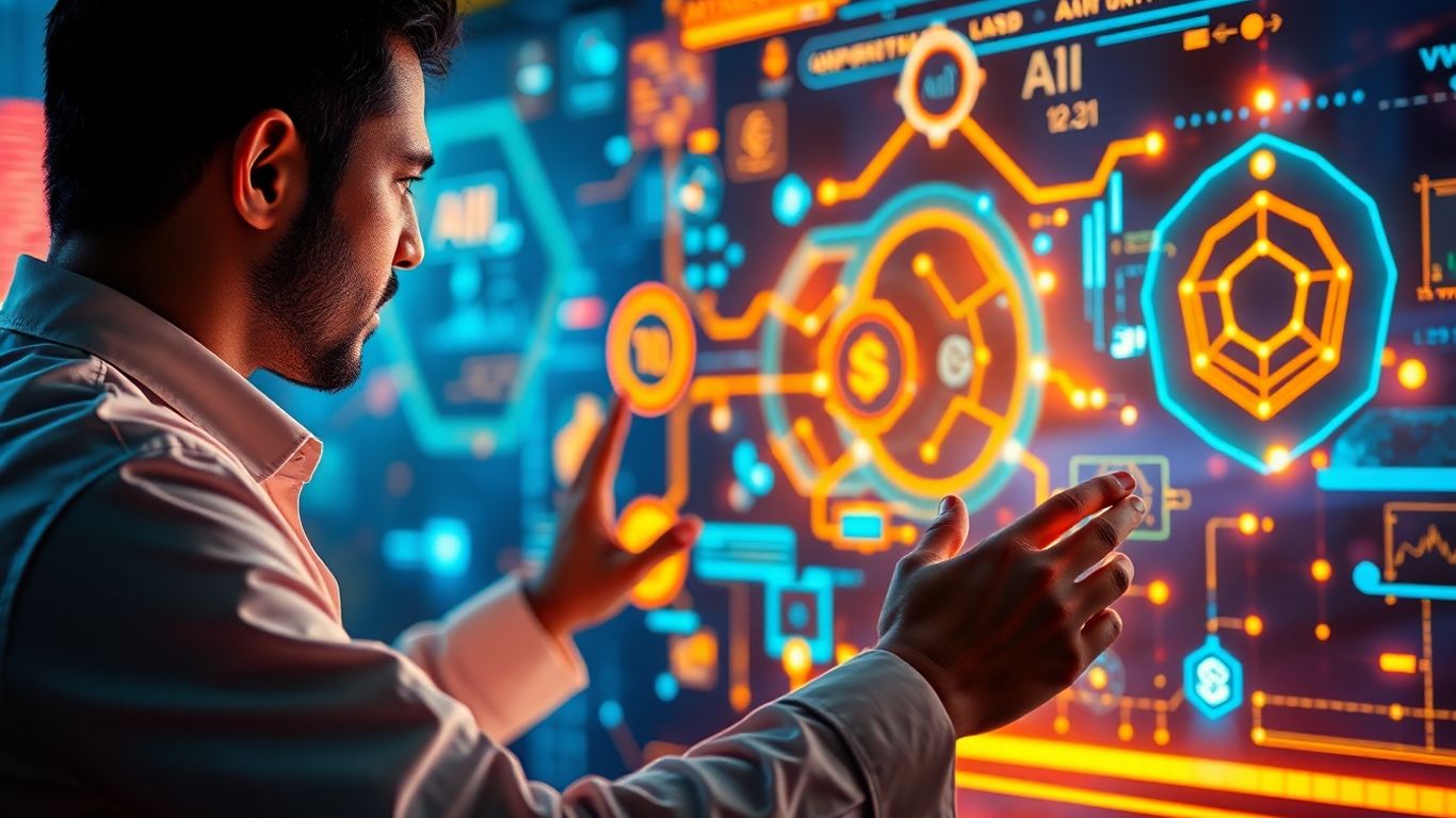 Pessoa interagindo com interfaces de IA futuristas e brilhantes.